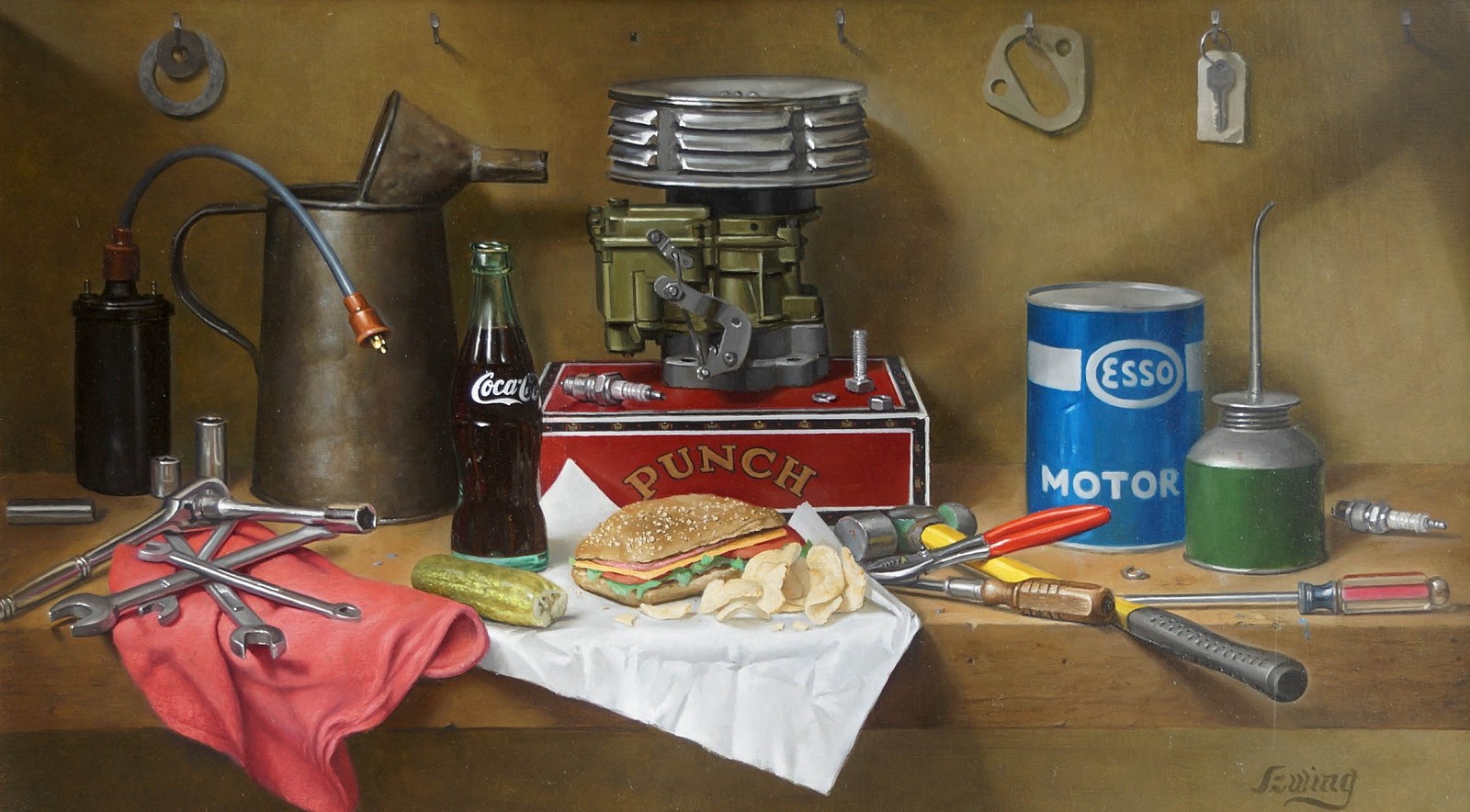William O. Ewing, Lunchtime at the Car Shop
oil on wood, 19 1/2 x 34 1/2 in. (49.5 x 87.6 cm)
WE180403