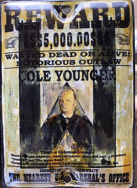 Kadir López, WANTED (Cole Younger 1)
mixed media on vintage enamel sign, 8 x 5 1/2 in.
KL220240