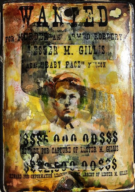 Kadir López, WANTED (Baby Face Nelson)
mixed media on vintage enamel sign, 8 x 5 1/2 in.
KL220247