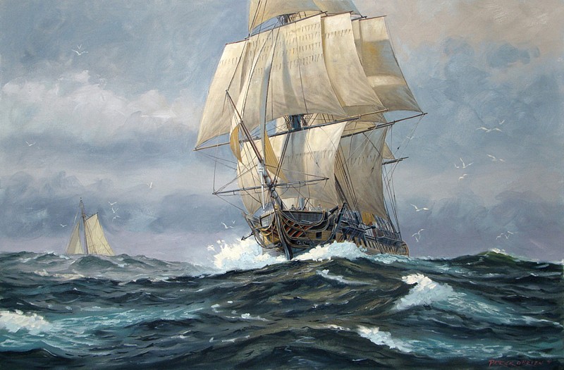 Patrick O&#039;Brien, On the Hunt: USS Constitution, 1812, 2011
oil on canvas, 24 x 36 in. (61 x 91.4 cm)
PO110801