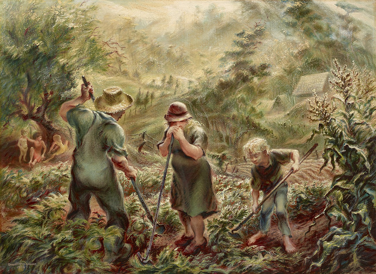 Robert McDonald Graham, Jr., Mountain Family Toiling in Garden, 1948
oil on masonite, 18 x 24 1/2 in. (45.7 x 62.2 cm)
RMG241201