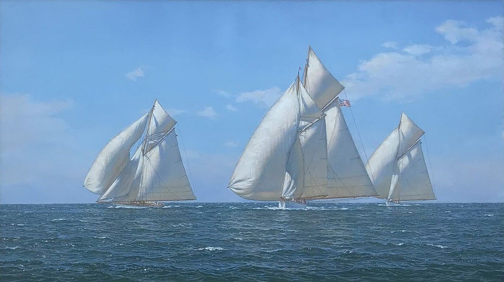 Richard Loud, Eastern Yacht Club Annual Cruise, Defender "Merlin" Jubilee, Marblehead 1895, 2025
oil on canvas, 25 x 44 in. (63.5 x 111.8 cm)
RL250201