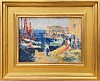 a busy harbor framed