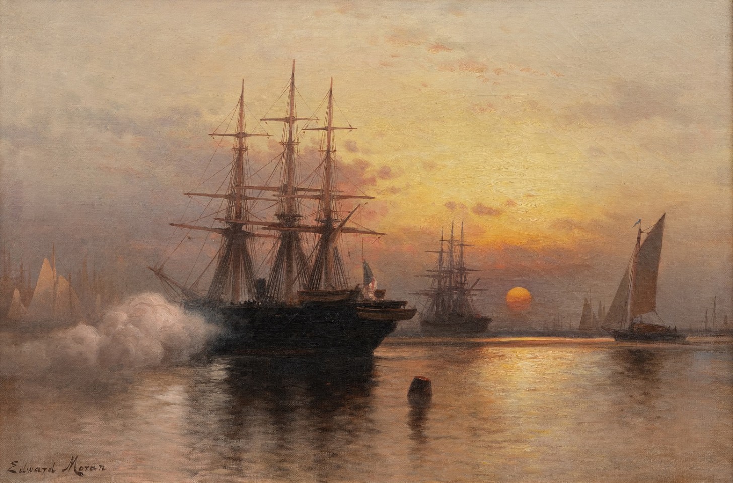 Edward Moran, Furling the Flag, New York Harbor at Sunset, late 1870s
oil on canvas, 16 1/8 x 24 1/16 in. (41 x 61.1 cm)
EM250601