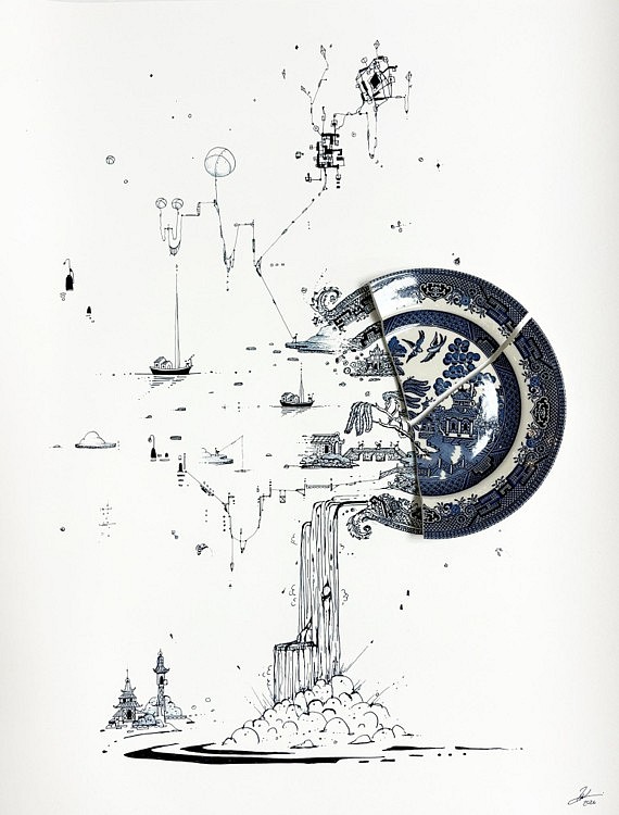 Rob Strati, Fragmented in Blue with Astronomer, Temples and Celestial Innovations, 2026
Broken plate, ink on paper, 29 x 23 x 2 1/2 in. (73.7 x 58.4 x 6.3 cm)
RS260603